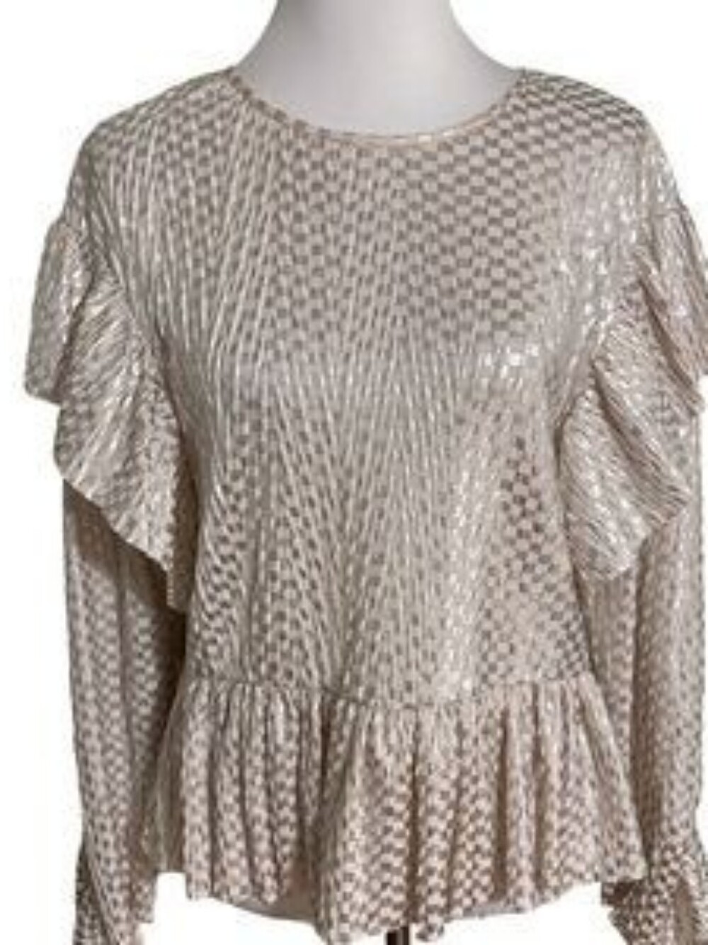 Zara Metallic Ruffle Peplum Blouse - Champagne Beige